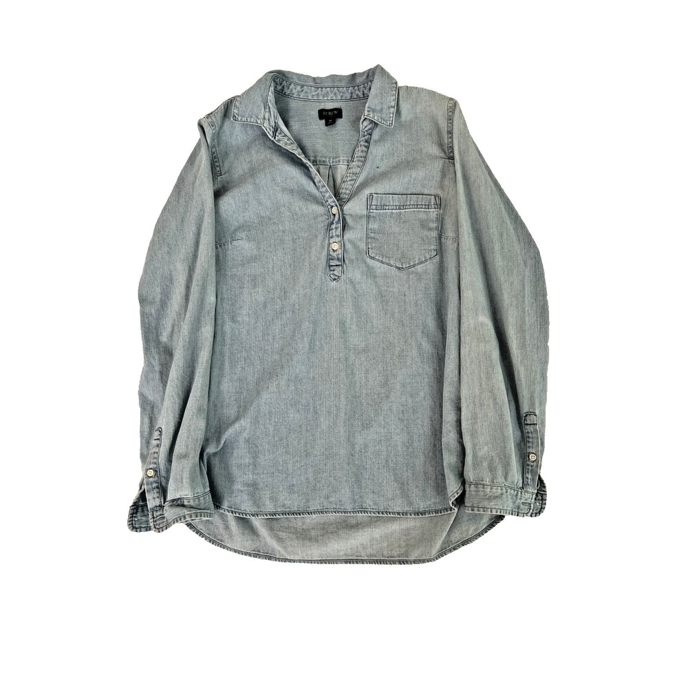 J Crew Western Chambray Womens M Blue Denim Shirt Popover Half Button Tunic